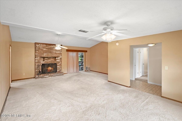 905 Ridgeway Ct, Orange Park, FL 32065 - unfurnished living room with ceiling fan, baseboards, carpet floors, a fireplace, and lofted ceiling