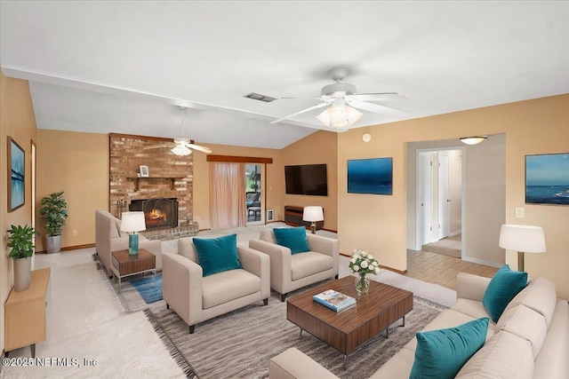 905 Ridgeway Ct, Orange Park, FL 32065 - living room with a ceiling fan, baseboards, a fireplace, and lofted ceiling