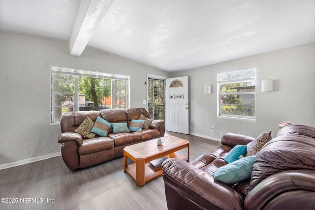 4357 Trenton Dr S, Jacksonville, FL 32209 - living room featuring beamed ceiling, plenty of natural light, light wood-style flooring, baseboards, and a textured ceiling