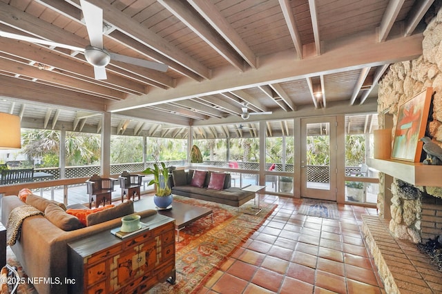 1927 Beachside Ct, Atlantic Beach, FL 32233 - sunroom featuring an outdoor living space, beamed ceiling, a ceiling fan, and french doors