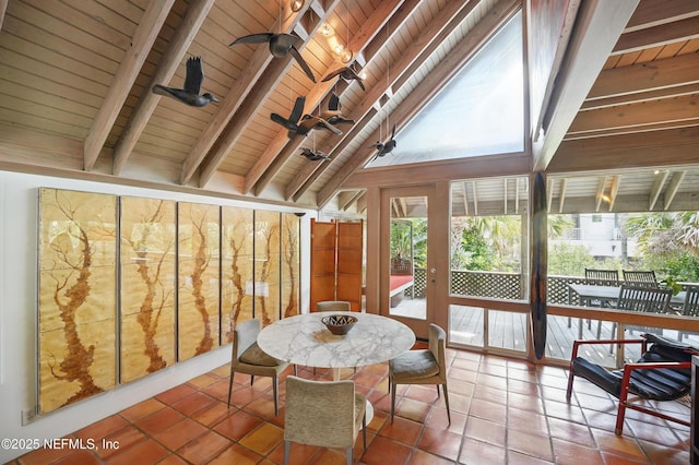1927 Beachside Ct, Atlantic Beach, FL 32233 - sunroom featuring wood ceiling, tile patterned flooring, and a ceiling fan