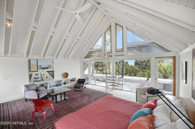 1927 Beachside Ct, Atlantic Beach, FL 32233 - bedroom with beamed ceiling, access to outside, multiple windows, and high vaulted ceiling
