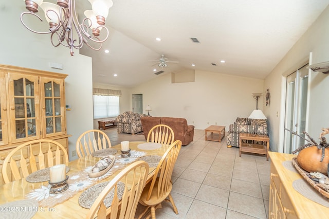 6645 Elvin Starling Rd, Macclenny, FL 32063 - dining space featuring lofted ceiling, ceiling fan, light tile patterned floors, a chandelier, and recessed lighting