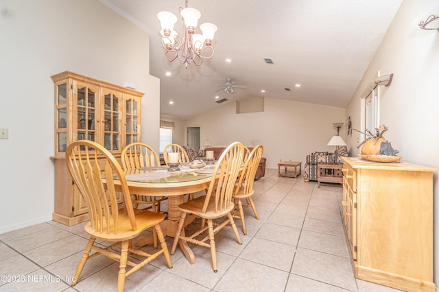 6645 Elvin Starling Rd, Macclenny, FL 32063 - dining area with lofted ceiling, a ceiling fan, a chandelier, light tile patterned floors, and recessed lighting