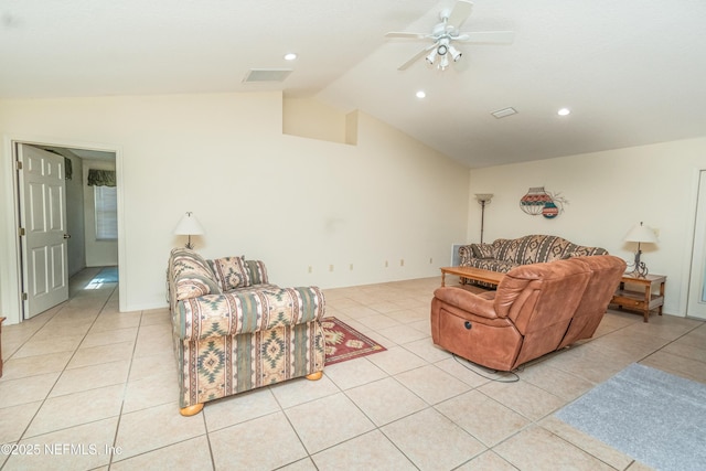 6645 Elvin Starling Rd, Macclenny, FL 32063 - living area with vaulted ceiling, ceiling fan, light tile patterned floors, and recessed lighting