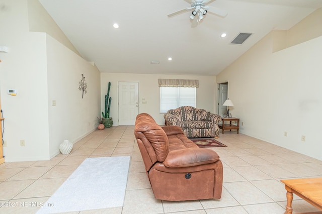 6645 Elvin Starling Rd, Macclenny, FL 32063 - living room with vaulted ceiling, light tile patterned floors, recessed lighting, ceiling fan, and baseboards