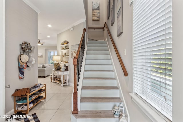 2695 Morning Light Ct, Flagler Beach, FL 32136 - stairway with tile patterned floors, a ceiling fan, and recessed lighting