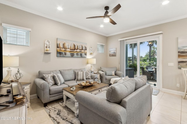 2695 Morning Light Ct, Flagler Beach, FL 32136 - living area featuring ceiling fan, plenty of natural light, light tile patterned floors, recessed lighting, and crown molding
