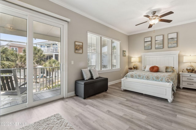 2695 Morning Light Ct, Flagler Beach, FL 32136 - bedroom featuring access to exterior, crown molding, wood finished floors, baseboards, and ceiling fan