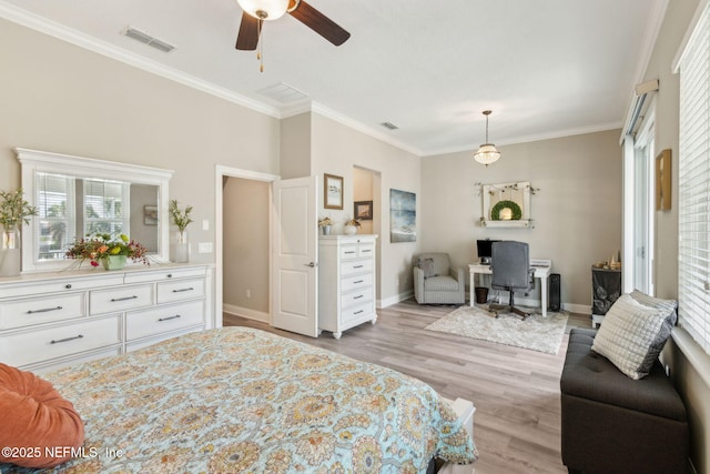 2695 Morning Light Ct, Flagler Beach, FL 32136 - bedroom featuring light wood finished floors, a desk, crown molding, baseboards, and a ceiling fan