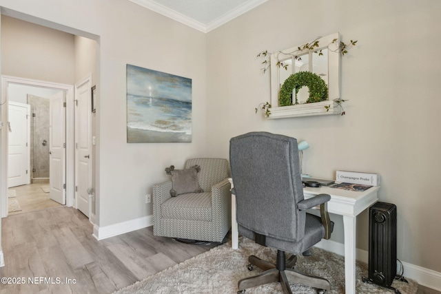 2695 Morning Light Ct, Flagler Beach, FL 32136 - home office with wood finished floors, ornamental molding, baseboards, and radiator heating unit