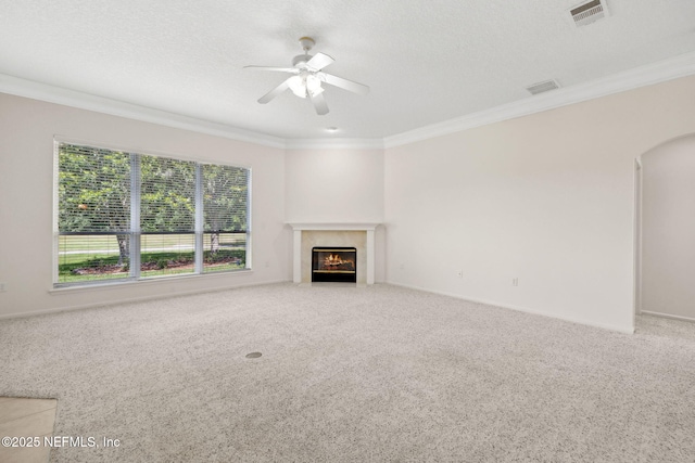 3384 Olympic Dr, Green Cove Springs, FL 32043 - unfurnished living room with a ceiling fan, crown molding, carpet floors, a high end fireplace, and arched walkways