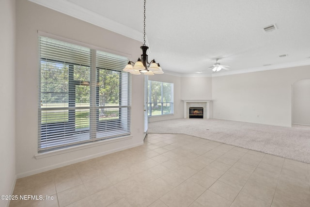 3384 Olympic Dr, Green Cove Springs, FL 32043 - unfurnished living room with light colored carpet, a chandelier, crown molding, a warm lit fireplace, and a ceiling fan