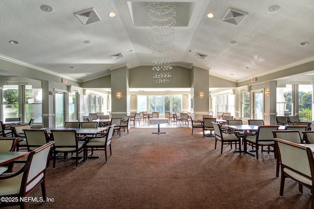 3384 Olympic Dr, Green Cove Springs, FL 32043 - carpeted dining area with a chandelier, a textured ceiling, lofted ceiling, and crown molding