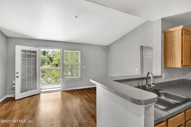 7701 Timberlin Park Blvd Unit 1535, Jacksonville, FL 32256 - kitchen with dark wood finished floors, vaulted ceiling, dark countertops, baseboards, and a peninsula
