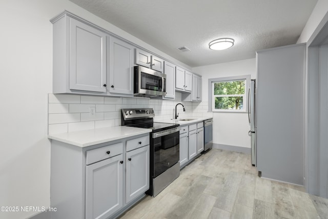 2210 Lamee Ave, Jacksonville, FL 32207 - kitchen featuring appliances with stainless steel finishes, a sink, backsplash, gray cabinetry, and a textured ceiling