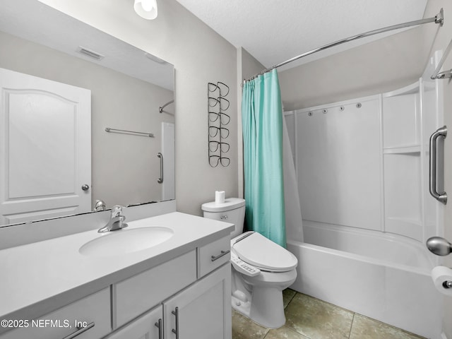 258 Fox Water Trl, Saint Augustine, FL 32086 - bathroom featuring toilet, vanity, shower / bathtub combination with curtain, a textured ceiling, and tile patterned floors
