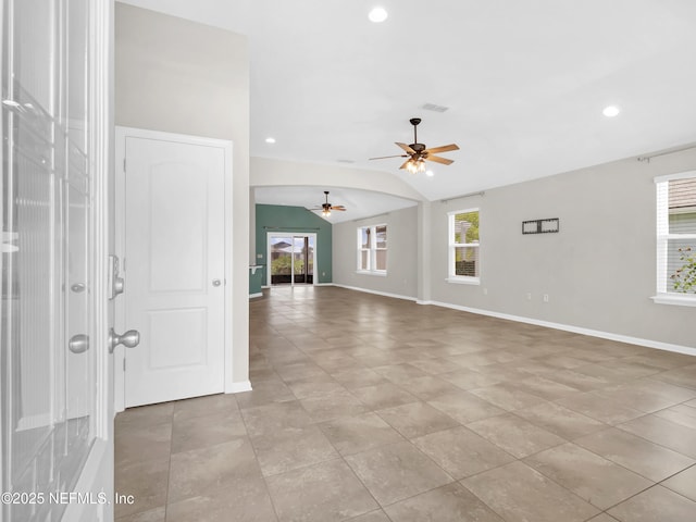 258 Fox Water Trl, Saint Augustine, FL 32086 - unfurnished living room featuring ceiling fan, vaulted ceiling, recessed lighting, baseboards, and light tile patterned floors