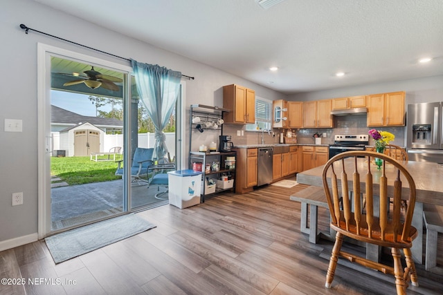 2522 Lantana Ln, Green Cove Springs, FL 32043 - kitchen featuring stainless steel appliances, wood finished floors, a sink, decorative backsplash, and under cabinet range hood