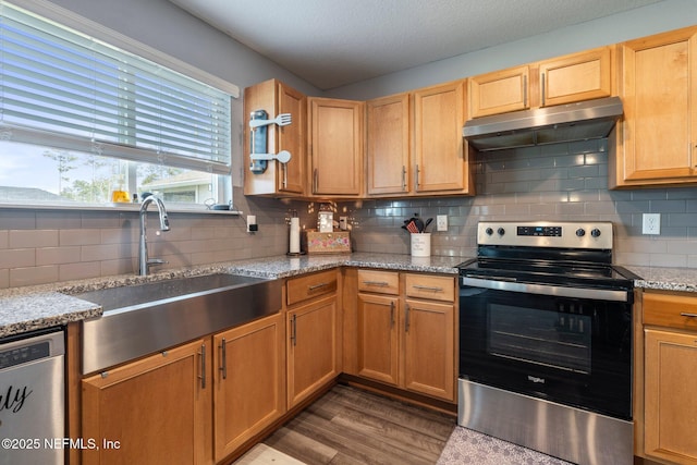 2522 Lantana Ln, Green Cove Springs, FL 32043 - kitchen with stainless steel appliances, a sink, under cabinet range hood, tasteful backsplash, and wood finished floors