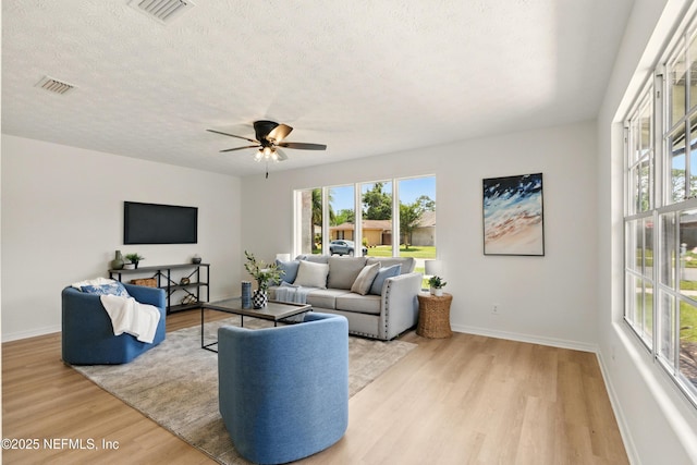 4923 Lofty Pines Cir E, Jacksonville, FL 32210 - living room featuring light wood-type flooring, baseboards, a textured ceiling, and ceiling fan