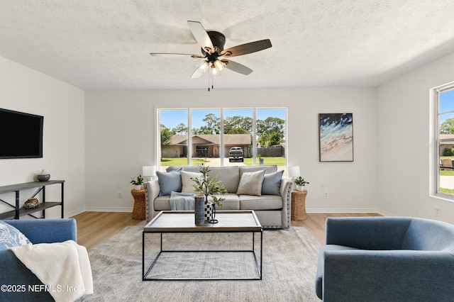 4923 Lofty Pines Cir E, Jacksonville, FL 32210 - living room with light wood finished floors, baseboards, a ceiling fan, and a textured ceiling
