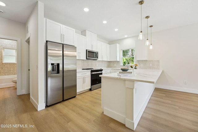 kitchen with stainless steel appliances, a peninsula, white cabinetry, backsplash, and recessed lighting