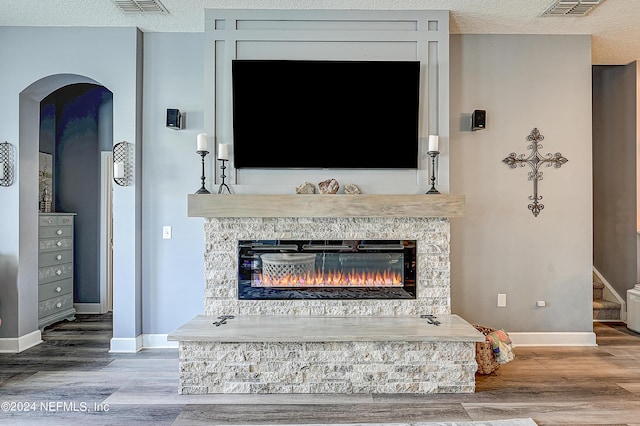 3051 Paddle Creek Dr, Green Cove Springs, FL 32043 - detailed view of wood finished floors, baseboards, a fireplace, arched walkways, and a textured ceiling