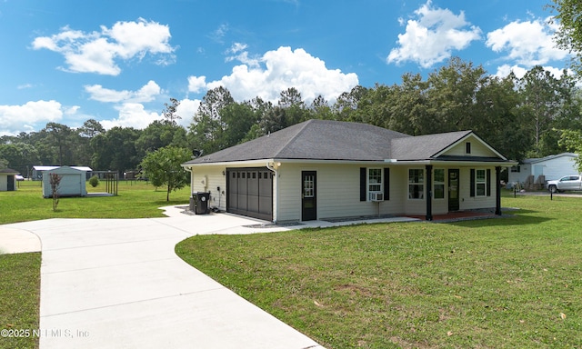 2253 S Mimosa Ave, Middleburg, FL 32068 - ranch-style house with a garage, driveway, a front lawn, covered porch, and view of wooded area