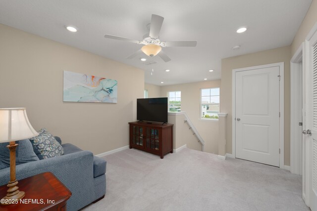 222 River Mist Dr, Saint Augustine, FL 32095 - living room featuring carpet floors, recessed lighting, ceiling fan, and baseboards
