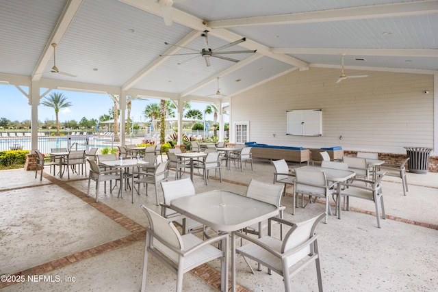 222 River Mist Dr, Saint Augustine, FL 32095 - view of patio featuring a ceiling fan, outdoor dining space, and a water view