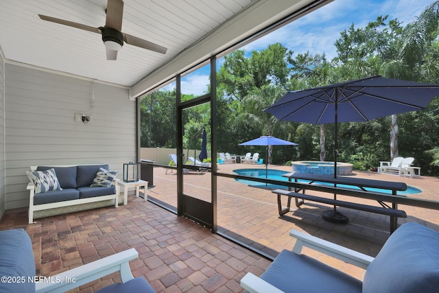 202 Purus Way, Jacksonville, FL 32259 - sunroom / solarium featuring a jacuzzi, an outdoor living space, ceiling fan, and lofted ceiling