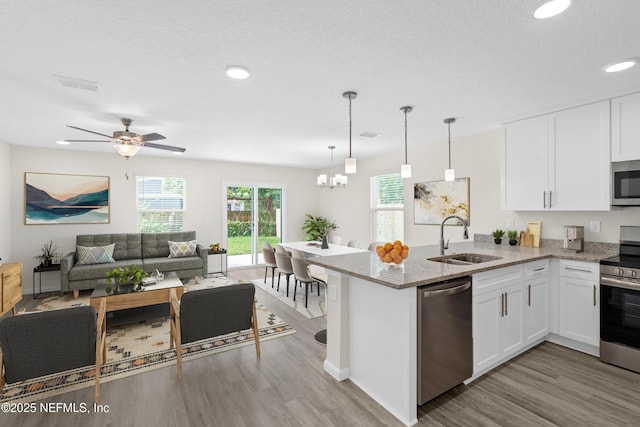 8204 Dandy Ave, Jacksonville, FL 32211 - kitchen featuring a sink, stainless steel appliances, wood finished floors, a peninsula, and white cabinets