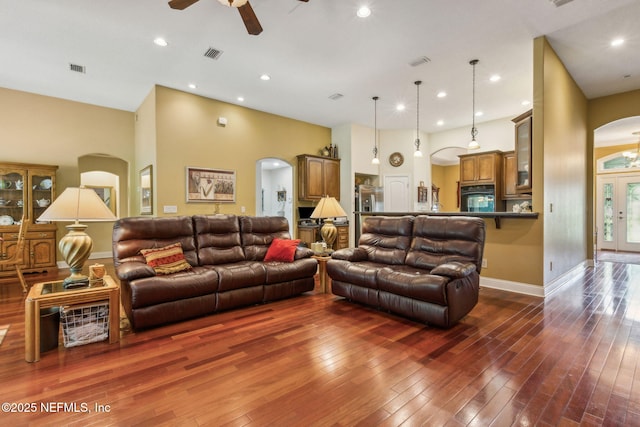 166 Mount Royal Ave, Crescent City, FL 32112 - living area featuring arched walkways, a ceiling fan, hardwood / wood-style floors, baseboards, and recessed lighting