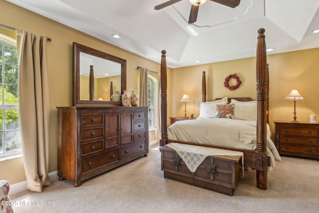 166 Mount Royal Ave, Crescent City, FL 32112 - bedroom featuring light carpet, recessed lighting, baseboards, a ceiling fan, and a raised ceiling