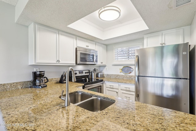 4250 A1A S Unit C15, Saint Augustine, FL 32080 - kitchen with appliances with stainless steel finishes, a raised ceiling, a sink, white cabinetry, and light stone countertops