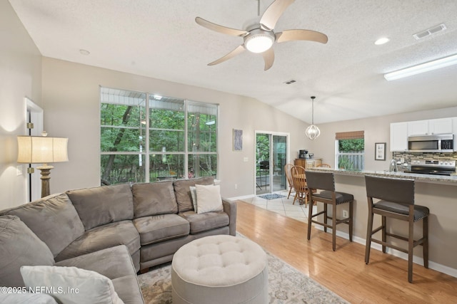 1494 Cedar Grove Ter, Fleming Island, FL 32003 - living room with a textured ceiling, ceiling fan, light wood-style floors, vaulted ceiling, and baseboards