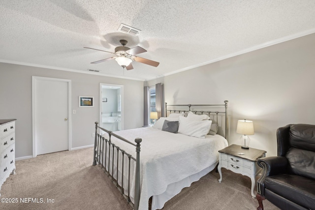 1494 Cedar Grove Ter, Fleming Island, FL 32003 - bedroom featuring light colored carpet, ornamental molding, a textured ceiling, ensuite bathroom, and ceiling fan