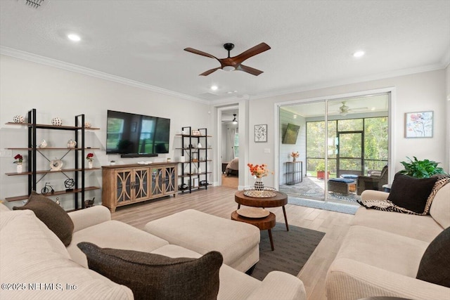 710 Stillwater Blvd, Saint Johns, FL 32259 - living room with a ceiling fan, wood finished floors, crown molding, recessed lighting, and baseboards
