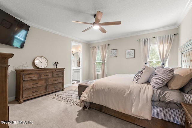 710 Stillwater Blvd, Saint Johns, FL 32259 - bedroom with light carpet, ornamental molding, ensuite bath, a textured ceiling, and ceiling fan
