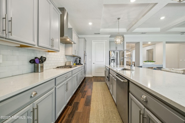 244 Caribbean Pl, Saint Johns, FL 32259 - kitchen featuring a sink, stainless steel appliances, wall chimney range hood, dark wood finished floors, and gray cabinets