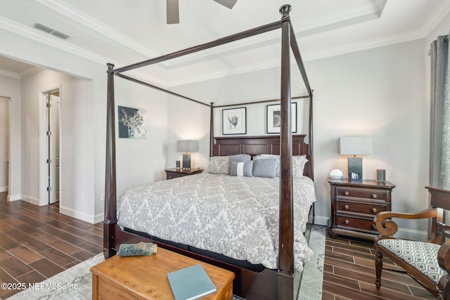 244 Caribbean Pl, Saint Johns, FL 32259 - bedroom featuring wood tiled floors, baseboards, ornamental molding, and ceiling fan