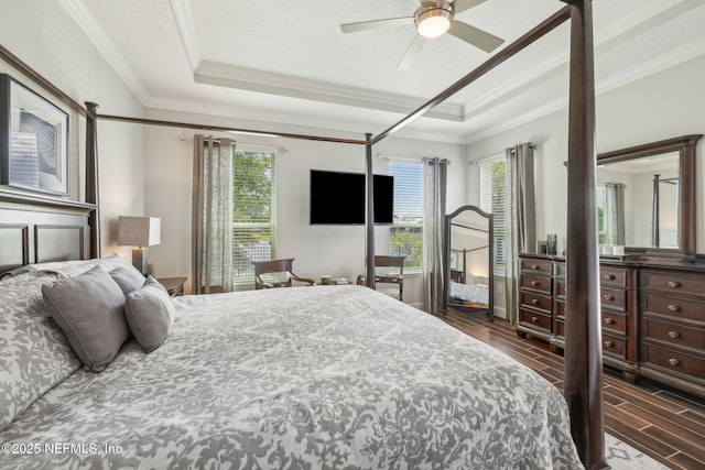 244 Caribbean Pl, Saint Johns, FL 32259 - bedroom featuring a raised ceiling, crown molding, dark wood-style flooring, a ceiling fan, and baseboards