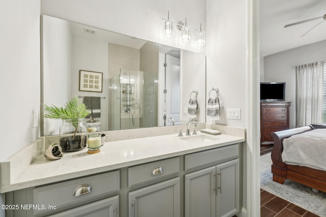 244 Caribbean Pl, Saint Johns, FL 32259 - ensuite bathroom featuring a stall shower, vanity, a ceiling fan, and wood finished floors