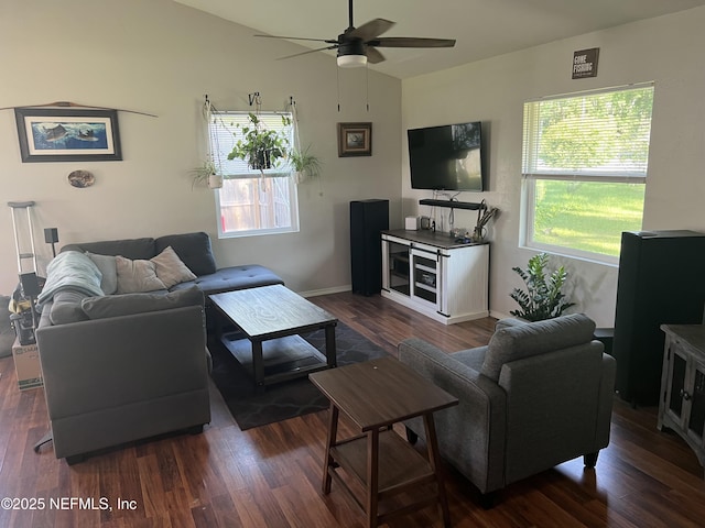 117 Eliam Rd, Melrose, FL 32666 - living room with vaulted ceiling, a ceiling fan, dark wood-style flooring, and baseboards