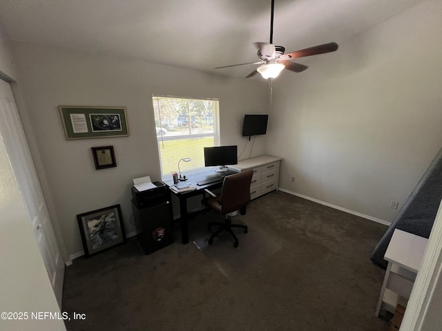 117 Eliam Rd, Melrose, FL 32666 - office area featuring ceiling fan, dark colored carpet, and baseboards