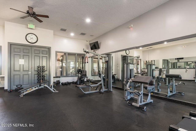 1011 Wetland Ridge Cir, Middleburg, FL 32068 - exercise room featuring a textured ceiling, ceiling fan, and a towering ceiling