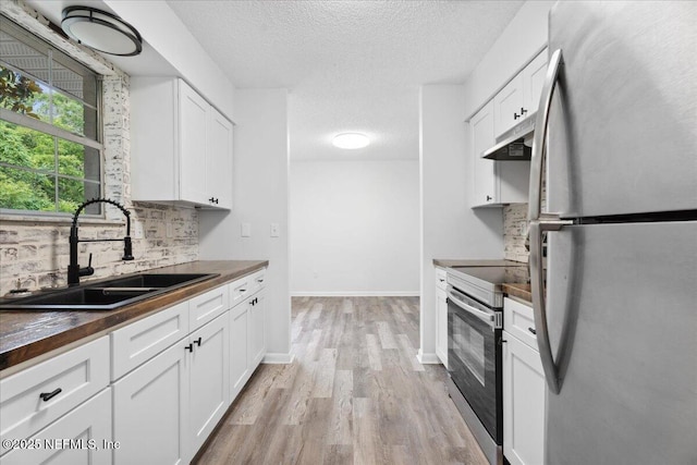 318 W Lafayette St, Starke, FL 32091 - kitchen with stainless steel appliances, a sink, under cabinet range hood, light wood-style floors, and butcher block counters