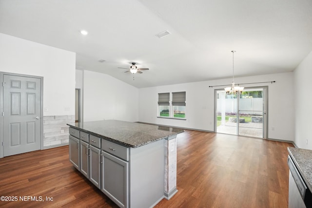 12372 Golden Bell Dr, Jacksonville, FL 32225 - kitchen featuring gray cabinetry, a ceiling fan, vaulted ceiling, a chandelier, and dark wood finished floors