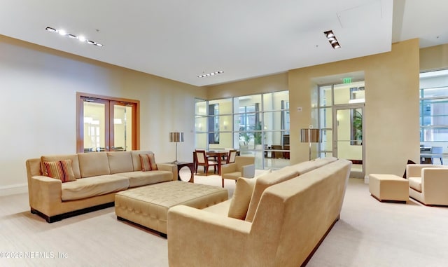 1431 Riverplace Blvd Unit 1707, Jacksonville, FL 32207 - living room featuring french doors, baseboards, and light colored carpet